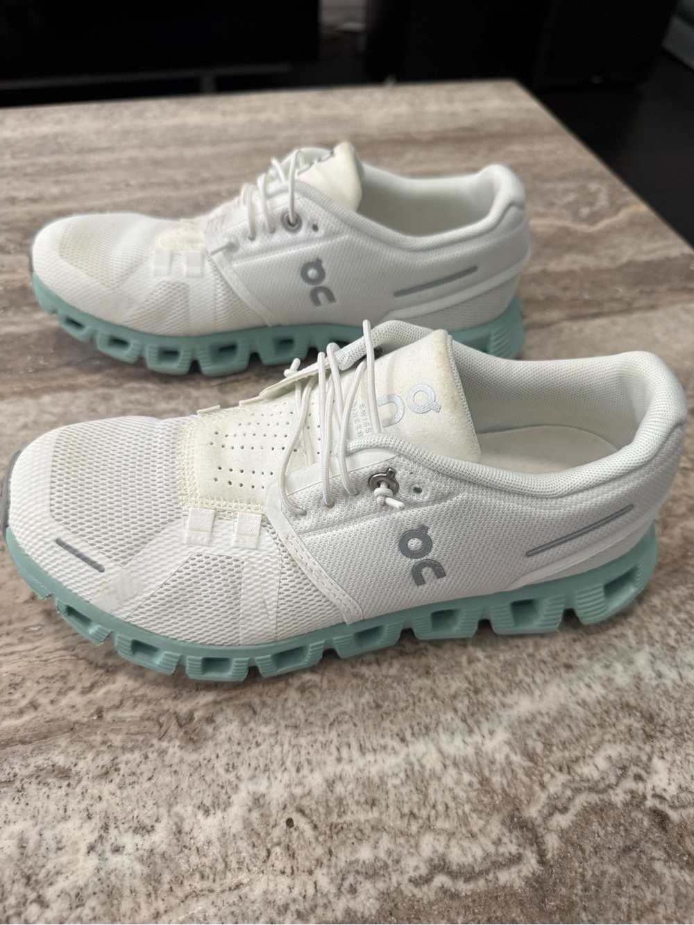 On Women's Cloud Sneakers in White with Mint Sole